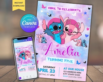 Stitch and Angel Birthday Invitation Printable, Editable Cartoon Party Digital Invite Canva Template (Digital Download)