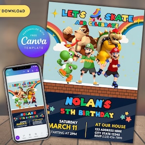 編集可能なマリオ誕生日ローラースケート誕生日パーティー招待状、スケートパーティー招待状、パーティー招待状ローラースケート、ローラースケート招待状