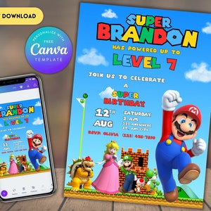 Invitation d'anniversaire Super Mario | Invitation d'anniversaire | Invitation Super Mario | Modèle d'anniversaire d'invitation Mario imprimable modifiable