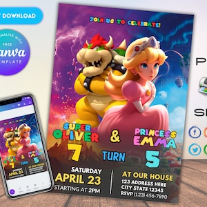 Bowser und Peach Geschwister Geburtstagseinladung | Gemeinsame Geburtstagseinladung | Zwillings-Geburtstags-Einladung | Bearbeitbare druckbare Geburtstagseinladung