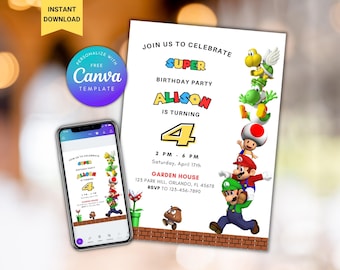 Invitación de cumpleaños de Super Mario: Plantilla editable de Canva (descarga digital)