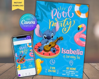May include: A blue pool party invitation featuring the character Stitch playing a ukulele while floating on a watermelon-shaped float. The invitation includes the text "Pool Party", "Isabella is turning Six", and event details. A smartphone displays the same design.