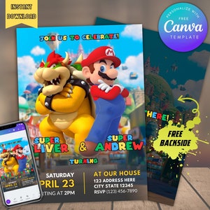 Editierbare Mario und Bowser Geschwister Geburtstag gemeinsame Party Einladung mit Rückseite sofort-download, Zwillinge druckbare und digitale Einladung