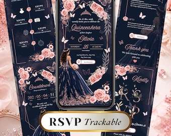 Navy Blue Quinceañera Invitation Website, Editable Sweet 15 Canva Template, RSVP Trackable Digital Invite, quin15