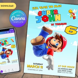 Invitation d'anniversaire de Super Mario | faire-part d'anniversaire | Invitation Super Mario | Modèle d'anniversaire imprimable imprimable pour faire-part de Mario