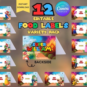 Étiquettes de nourriture de fête d'anniversaire de tente de nourriture de Super Mario modifiables téléchargement numérique instantané, tentes de nourriture d'anniversaire imprimables, tente de nourriture de Mario Bros