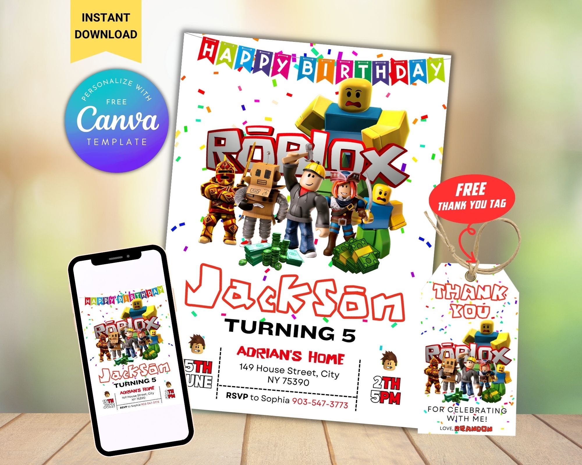 Editable Roblox Birthday Invitation With Thank You Tag Printable ...