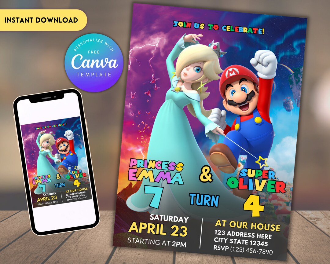 Super Mario Sibling Birthday Invitation Joint Birthday Invitation Twin