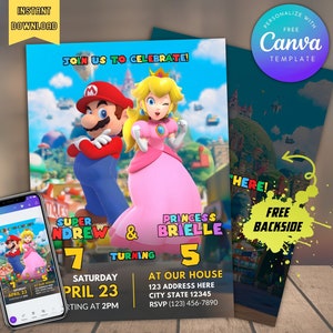 Convite editável para festa conjunta de aniversário dos irmãos Super Mario e Peach com download instantâneo na parte traseira, convite para impressão e digital para gêmeos