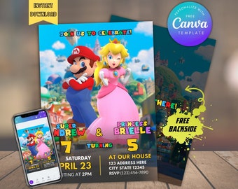 Editable super Mario and Peach siblings birthday Joint Party Invitation with Backside instant download, Twins Printable & Digital invitation