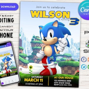 Editable Sonic Birthday Invitation Digital Template Sonic Birthday Party Invitation Sonic Evite Bday Invitation Sonic Birthday Invitation