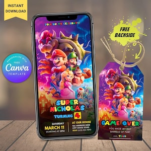 編集可能なスーパーマリオ誕生日モバイル招待状 + サンキュータグ マリオブラザーズパーティー招待テンプレート スーパーマリオ招待、マリオ誕生日招待状