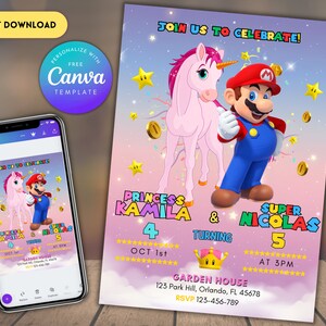 Super Mario Sibling Geburtstagseinladung | Gemeinsame Geburtstagseinladung | Einhorn Geburtstagseinladung | Bearbeitbare druckbare Geburtstagseinladung