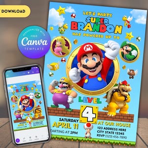 編集可能なスーパーマリオ誕生日招待状 マリオブラザーズデジタル招待状誕生日テンプレート スーパーマリオ招待誕生日招待状印刷可能