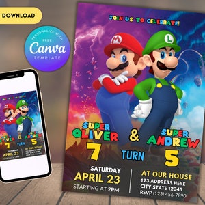 Super Mario Sibling Birthday Invitation | Joint Birthday Invitation | Twin Birthday Invitation | Editable Printable Birthday Invitation