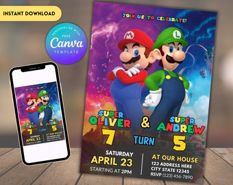 Invitation d’anniversaire pour frères et sœurs Super Mario | Invitation d’anniversaire commune | Invitation d’anniversaire jumelle | Invitation d'anniversaire imprimable modifiable