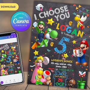 Invitation d'anniversaire de Super Mario | faire-part d'anniversaire | Invitation Super Mario | Modèle d'anniversaire imprimable imprimable pour faire-part de Mario