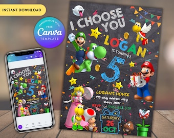 Super Mario Geburtstagseinladung: Bearbeitbare Canva-Vorlage (Digitaler Download)
