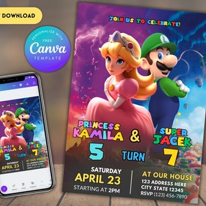 Luigi i Peach Zaproszenie na urodziny rodzeństwa | Wspólne zaproszenie na urodziny | Zaproszenie na urodziny bliźniaków | Edytowalne zaproszenie na urodziny do wydrukowania