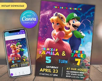 Luigi and Princess Peach Siblings Birthday Invitation: Joint or Twin Party (Editable Canva Template)