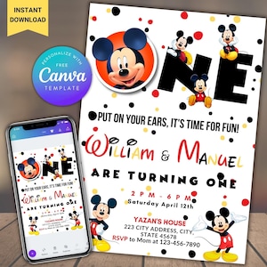 Faire-part de fête d'anniversaire 1er anniversaire de jumeaux modifiable, faire-part d'anniversaire de jumeaux, 1er anniversaire d'invitation de fratrie, faire-part de premier anniversaire Double