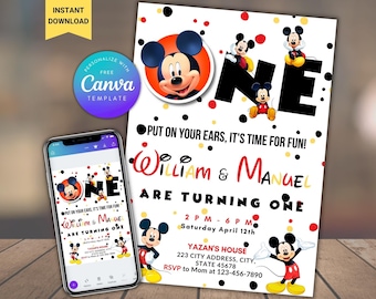 Twins 1st Birthday Invitation: Editable Canva Template (Digital Download)