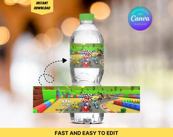 Editable Super Mario Kart Water Bottle Labels Birthday Party Canva Template, Bros Brothers Party Favor, Mario Bday Invitation