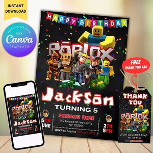 Bewerkbare Roblox-verjaardagsuitnodiging met bedanklabel Afdrukbare sjabloon Canva Instant Download, Roblox Game Birthday Party Digitale uitnodiging