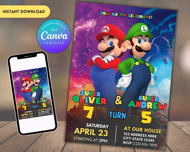 Super Mario Sibling Birthday Invitation | Joint Birthday Invitation | Twin Birthday Invitation | Editable Printable Birthday Invitation