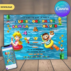 Edytowalne zaproszenie na przyjęcie urodzinowe rodzeństwa Super Mario i Księżniczki Peach na basenie Wspólne zaproszenie na przyjęcie na basenie do pobrania natychmiast, urodziny bliźniaków