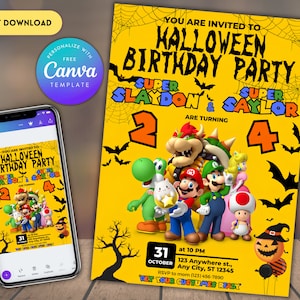 Invitation d'anniversaire Halloween Mario | faire-part d'anniversaire commun | Invitation d'anniversaire de jumeaux | Faire-part d'anniversaire imprimable modifiable