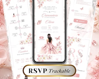 Light Pink Quinceañera Invitation Website with RSVP, Editable Canva Sweet 15 Invite, Digital Invitation with Countdown, Music & Map, quin15