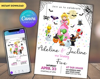 Princess Peach Halloween Birthday Invitation: Sisters Evite (Digital Download)