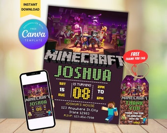 Editable Minecraft Birthday Party Invitation Canva Template With Thank You Tag Minecrafter birthday invitation Gamer invite Birthday Evite