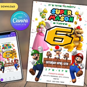 Invitation d'anniversaire de Super Mario | faire-part d'anniversaire | Invitation Super Mario | Modèle d'anniversaire imprimable imprimable pour faire-part de Mario