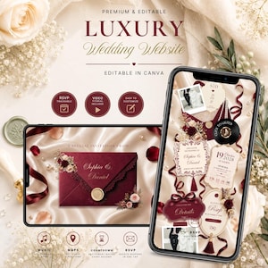 Puede incluir: Una plantilla de sitio web de bodas digital en una tableta y un teléfono inteligente, con sobres color burdeos, detalles florales y sellos de cera dorados. El texto dice Premium & Editable Luxury Wedding Website y Sophia & Daniel.