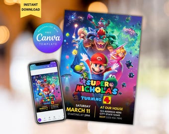 Plantilla editable de Canva para invitación de cumpleaños de Mario, invitación a fiesta de Super Mario Galaxy, descarga instantánea, invitación de cumpleaños personalizada.