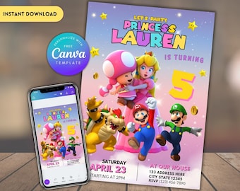 Invitación de cumpleaños de la Princesa Peach: Plantilla de fiesta de Mario (Descarga digital)