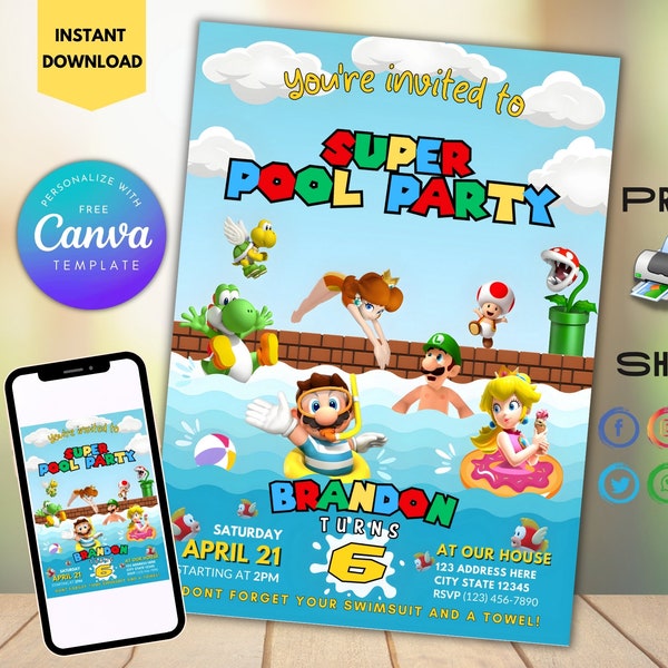 Editable Super Mario Pool Party Birthday Invitation Canva Template, Birthday Invitation, Digital Printable Mario Pool Party Annoncement