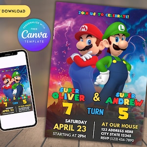 Super Mario Sibling Birthday Invitation | Joint Birthday Invitation | Twin Birthday Invitation | Editable Printable Birthday Invitation