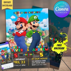 Invitación editable para fiesta de cumpleaños conjunta de los hermanos Super Mario y Luigi con descarga instantánea en la parte trasera, invitación imprimible y digital para gemelos