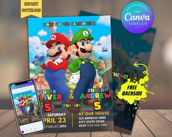 Editable Super Mario and Luigi siblings birthday Joint Party Invitation with Backside instant download, Twins Printable & Digital invitation
