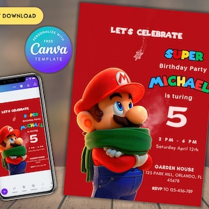 Invitation d'anniversaire de Super Mario | faire-part d'anniversaire | Invitation Super Mario | Modèle d'anniversaire imprimable imprimable pour faire-part de Mario