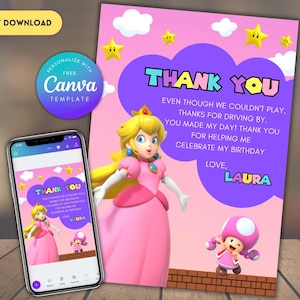 Bearbeitbare Prinzessin Peach Dankeskarte für Mädchen, Pfirsich Partykarte, Mario Gunstkarte, Pfirsich Geburtstagskarte, Mädchen Partykarte, Mario Party