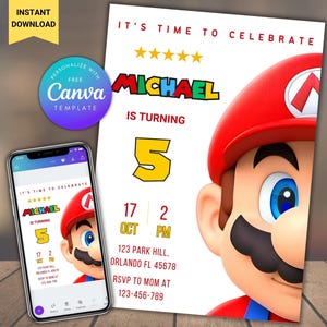 編集可能なスーパーマリオ誕生日招待状 マリオブラザーズデジタル招待状誕生日テンプレート スーパーマリオ招待誕生日招待状印刷可能
