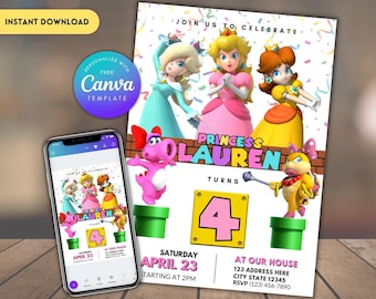 Invitación de cumpleaños de la Princesa Peach: Fiesta de Mario para niñas (Plantilla digital)