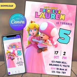 Princess Peach Birthday Invitation: Girls Mario Party (Digital Template)