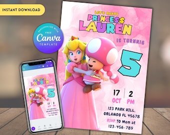 Invitación de cumpleaños de la Princesa Peach: Fiesta de Mario para niñas (Plantilla digital)