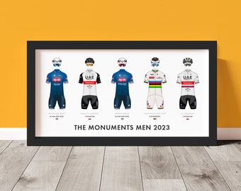 Cycling 'Monuments Men' Framed Print - Rider Jerseys of the 2023 Monuments Winners, Paris-Roubaix, Tour of Flanders - Cycling Art Prints