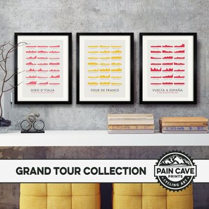 Posters Cycling Grand Tour 2024 - Cartes des altitudes - LOT DE TROIS - Tour de France, Vuelta a España et Giro d'Italia - Décoration murale vélo